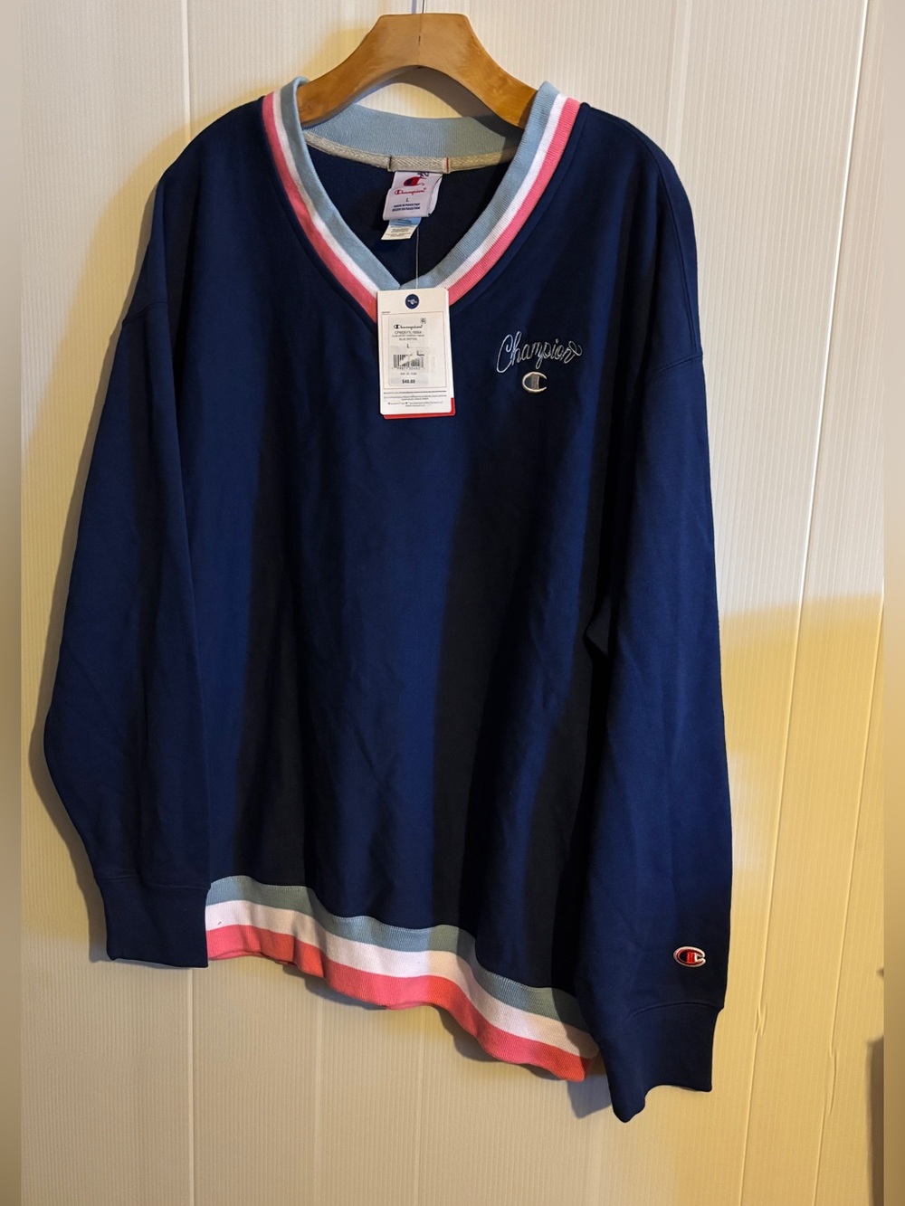 Champion Men's Navy V-Neck Sweater with Pink & Light Gray Trim